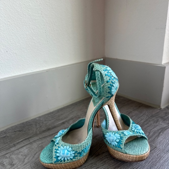 Dior Blue Snakeskin Leather and Floral Straw Logo Charm Slingback - Picture 3 of 4